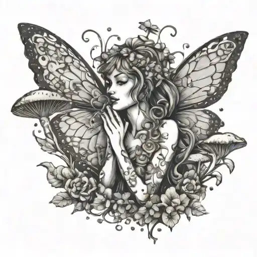 An Intricate Design Of A Fairy Singing With Mushrooms Growing Around Her
