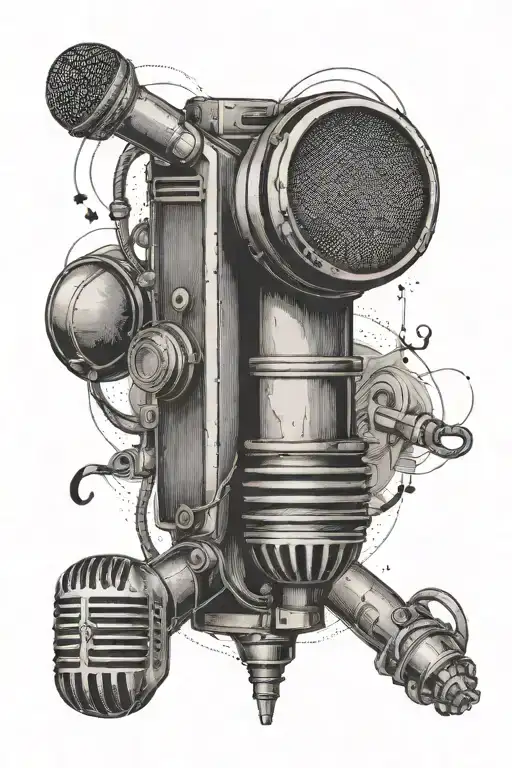 A Vintage Microphone And Camera Intertwined With Baseball Stitches And Music Notes