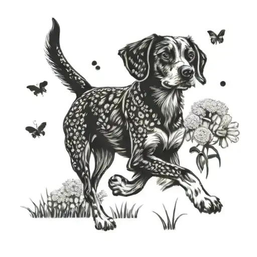 A Dotwork Tattoo Of A Dog Running Through A Field Of Flowers