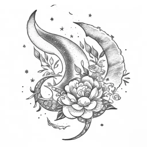 Crescent Moon With Pisces Constellation And Peony Flowers