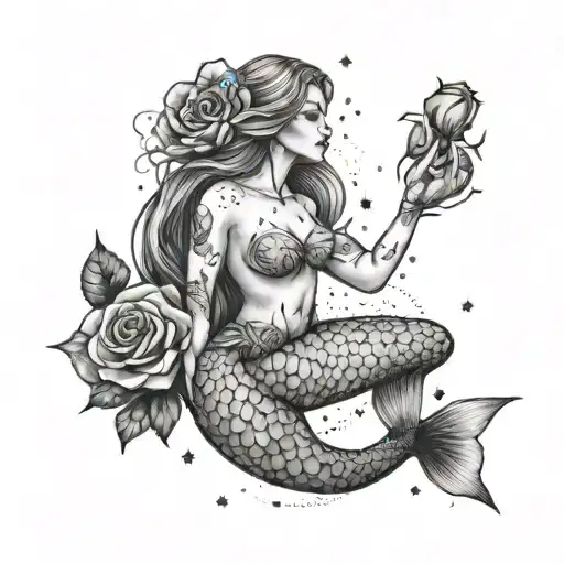 A Mermaid Holding A Rose While Gazing At A Pisces Constellation In The Night Sky