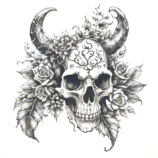 An Animal Skull Surrounded By A Wreath Of Flowers And Vines