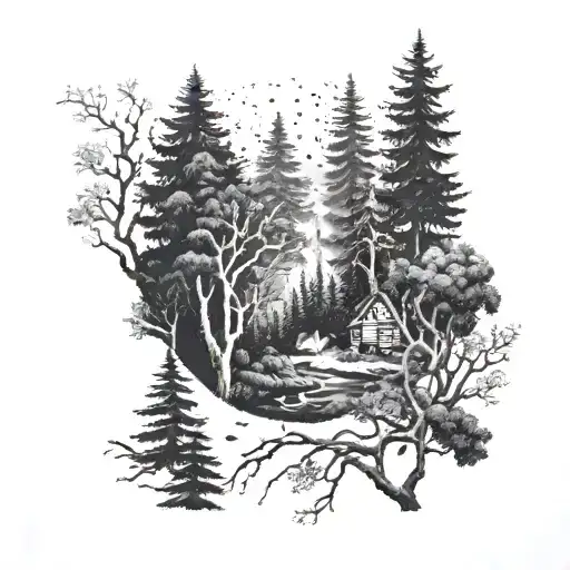A Dotwork Tattoo Of A Forest Scene With Hidden Creepy Elements Like Eyes Peeking From The Trees
