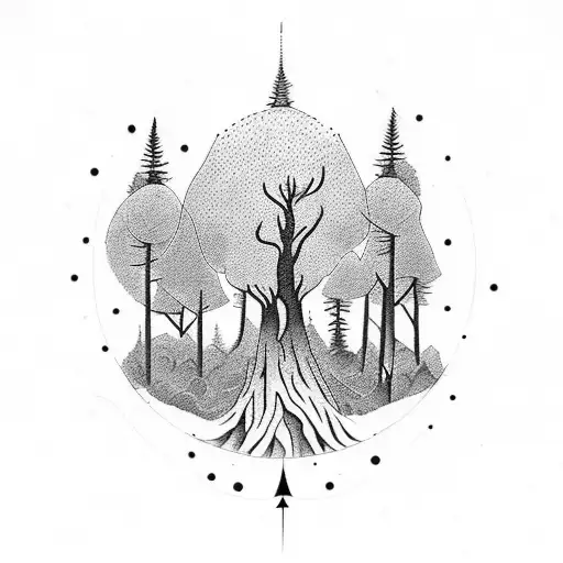 A Dotwork Tattoo Of A Forest Landscape With The Infinity Sign Hidden Within The Tree Trunks
