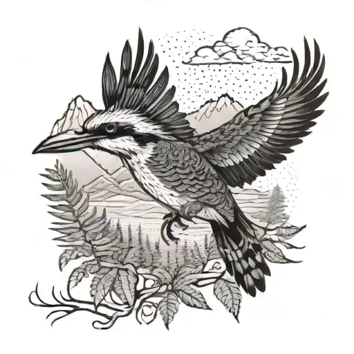 A Dotwork Tattoo Of A Kookaburra Flying Over A Mountain Range With Ferns In The Foreground