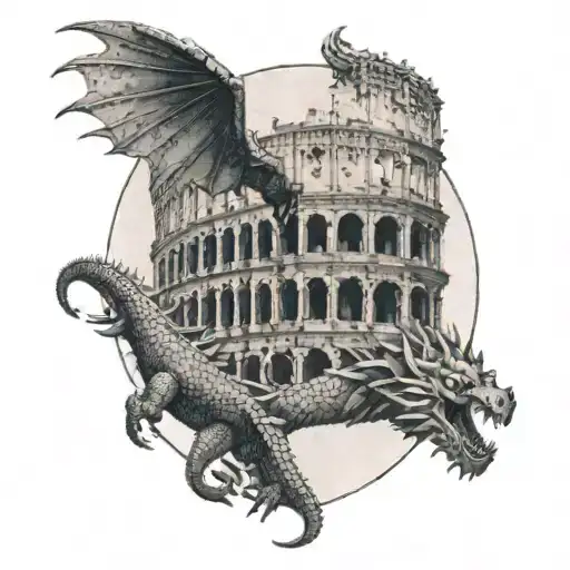 A Dotwork Tattoo Featuring The Colosseum In Rome With A Fierce Dragon Circling Above It