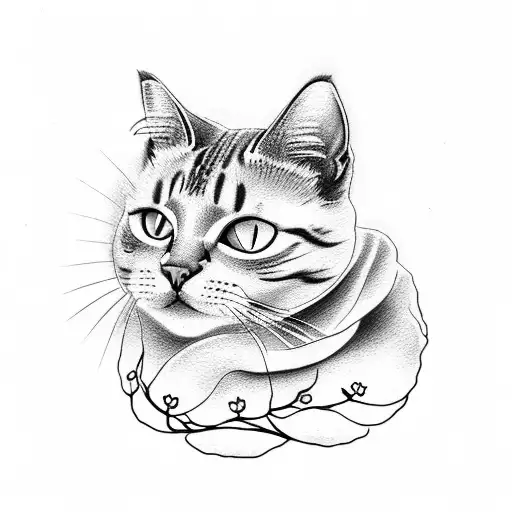 Tattoo Of A Cat Surrounded By Cherry Blossoms