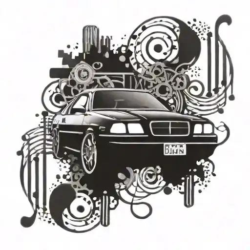 Musical Notes Intertwining With Car Parts In A Dotwork Design