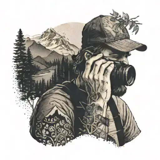 A Dotwork Tattoo Of A Photographer Capturing The Beauty Of Nature With A Mountain Backdrop