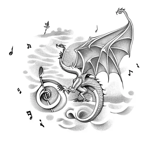 A Dragon Flying Over A Beach With Musical Notes Forming Waves