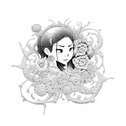 A Dotwork Tattoo Of Tanjiro And Nezuko From Demon Slayer Surrounded By Intricate Floral Patterns
