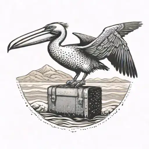 A Pelican Carrying A Suitcase Flying Over A Beach With Whale Tails In The Background