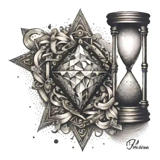 A Dotwork Tattoo Of A Sparkling Diamond With Hourglass Sand Flowing Around It