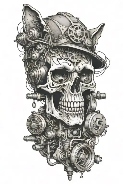 A Skull With Intricate Car Engine Parts As The Eyes And Cats As The Teeth