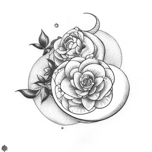 Camellia Flowers And A Crescent Moon