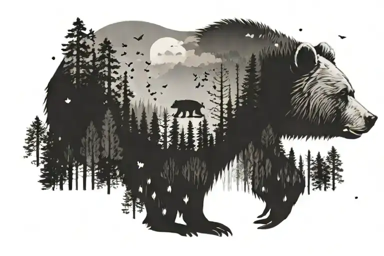 Bear Outline Fading To Trees And Birds Flying Away