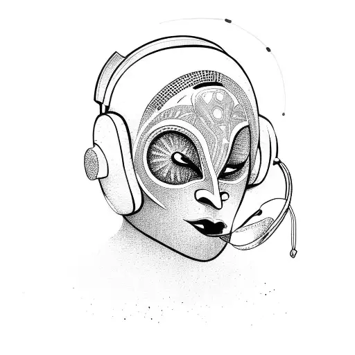 African Mask With Space Elements And Wearing Headphones