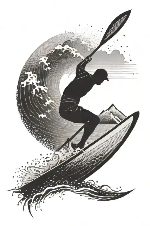 A Minimalist Tattoo Of A Windsurfer Riding A Wave With A Silhouette Of Mountains In The Background