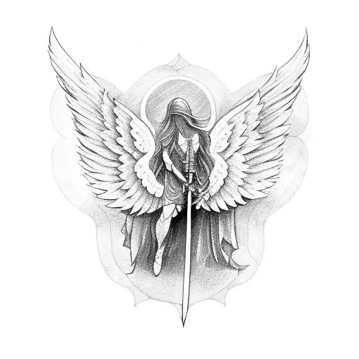 Angel Body With Long Hair And Wings Holding A Sword