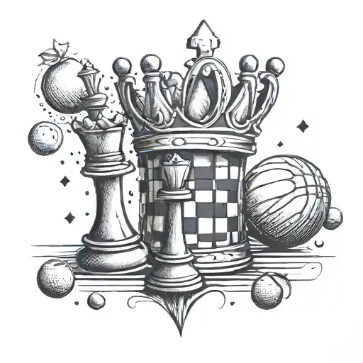 Chess Pieces And Basketballs Forming A Crown On Top Of A Teacher's Apple