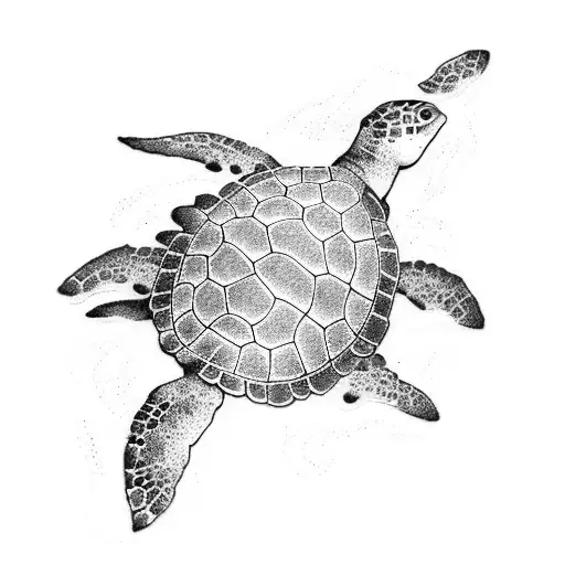 A Dotwork Tattoo Featuring A Serene Sea Turtle Gliding Through A Vibrant Coral Reef