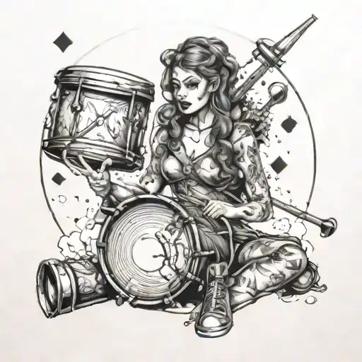 A Daughter Warrior Holding A Drum Set And Playing Cards In A Battlefield
