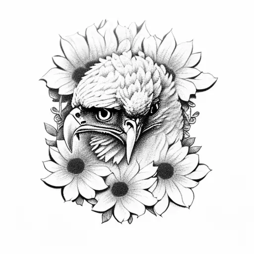 Eagle Realistic Surrounded By Flowers And A Dark Or Suspenseful Landscape