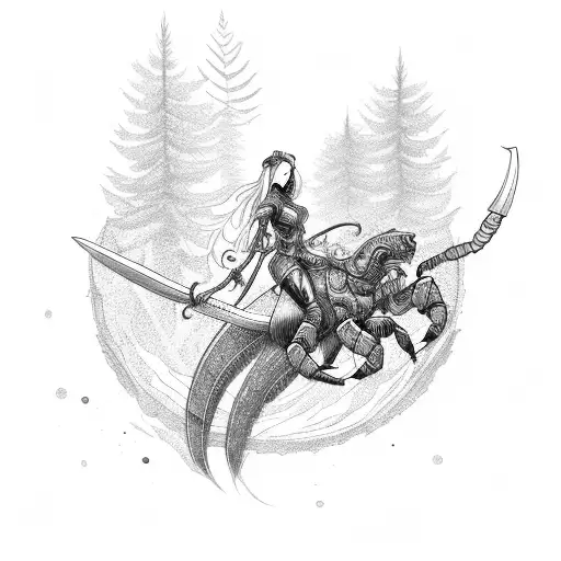 Elegant Female Warrior Riding A Scorpion Through A Moonlit Forest