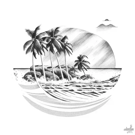 A Serene Beach Landscape At Sundown With Palm Trees And Waves