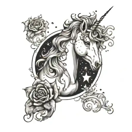 A Romantic Tattoo Design Featuring A Unicorn And Love Elements