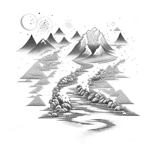 A Dotwork Tattoo Of A Serene Mountain Landscape With A Flowing River And Birds In Flight