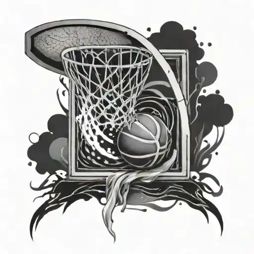 Design A Tattoo Of A Basketball Hoop With Chinese Calligraphy Flowing Through It