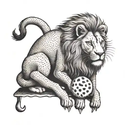 A Dotwork Tattoo Of A Lion Cuddling With A Biscuit In Its Paw