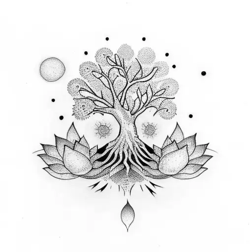 Half Sleeve Tree Of Life In Middle With Lotus Flowers And Other Flowers