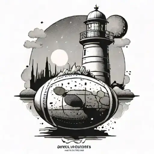 A Minimalist Design Of A Rugby Ball And A Lighthouse On The Sea Shore