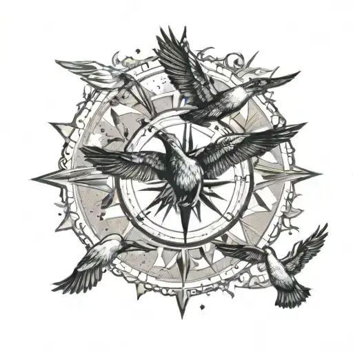 A Flock Of Ducks In Flight With A Compass Rose In The Background
