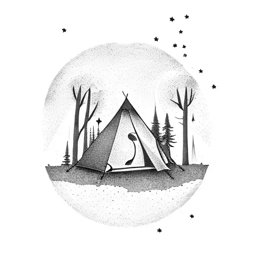A Scene Outdoors With A Tent And Fire Surrouded By Tall Trees Under The Moon And Stars