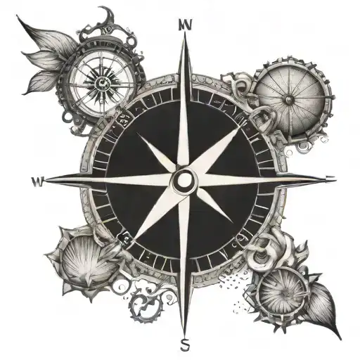 A Dotwork Compass Rose With Nautical Elements Like Anchors And Seashells