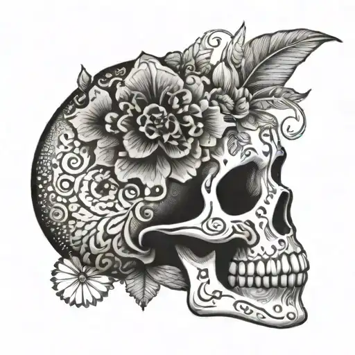 Skull Adorned With Traditional Estonian Floral Patterns And Symbols