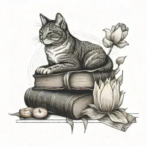 A Peaceful Lotus Flower Surrounded By Books And A Sleeping Cat