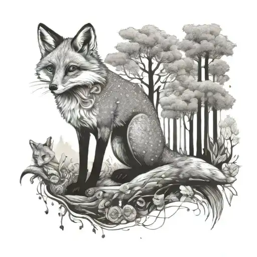 A Whimsical Scene Of A Fox Artist Painting A Mural Of A Mystical Forest