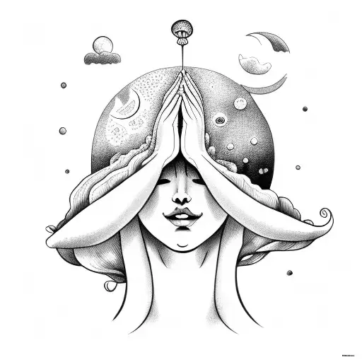 Nude Woman With Mushroom Cap For A Head Praying To The Smiling Moon