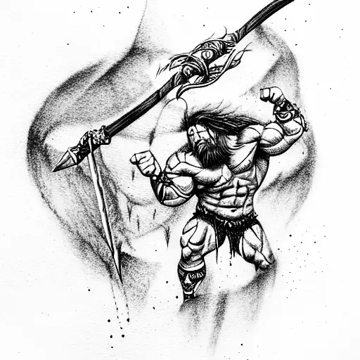 Massively Muscular Barbarian Holdeing A Magic Wand With A Crystal On Top