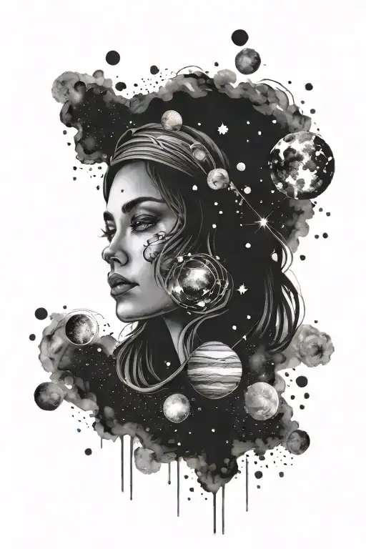 Women's Face Dark Eyes Surrounded By Galaxy With Planets And Stars