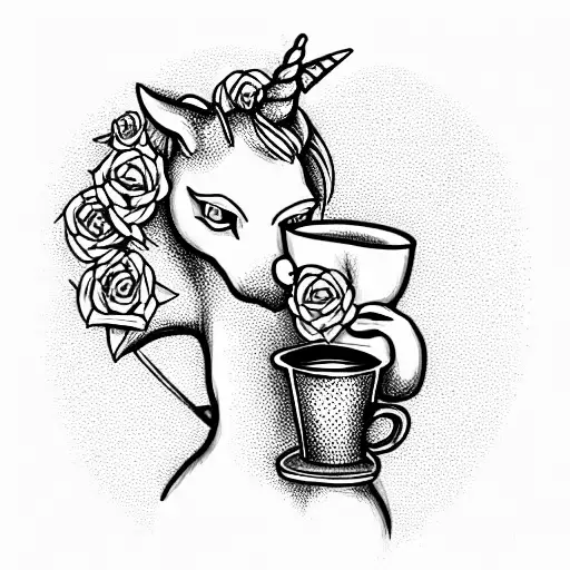 A Tattoo Of A Unicorn Drinking Coffee Holding A Chemex Surrounded By Roses
