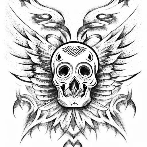 Mexican Skull With Eagle Wings And Fire