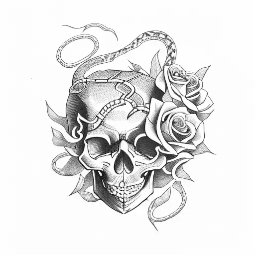 Skull With Roses With A Snake Coming Out Of The Eye