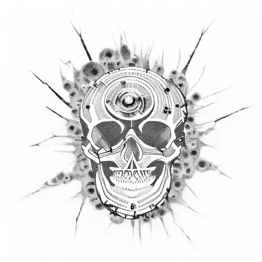 A Skull Made Of Shattered Vinyl Records With Flames Coming Out Of Its Eye Sockets