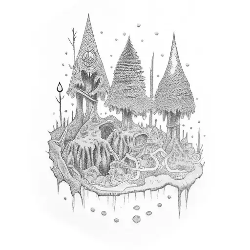 A Dotwork Tattoo Depicting A Gothic Rainforest With Hidden Mining Elements