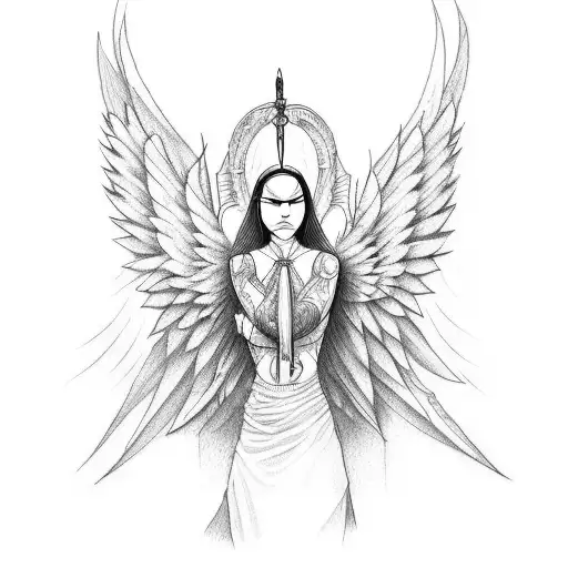 A Tattoo Design Depicting A Weary But Strong Female Angel Warrior
